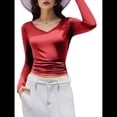 thumbnail image 2 of Camiseta Básica Ajustada de Punto Acanalado con Cuello en V y Larga para Mujer Rojo XL, 2 of 7