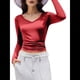 thumbnail image 2 of Camiseta Básica Ajustada de Punto Acanalado con Cuello en V y Larga para Mujer Rojo M, 2 of 7