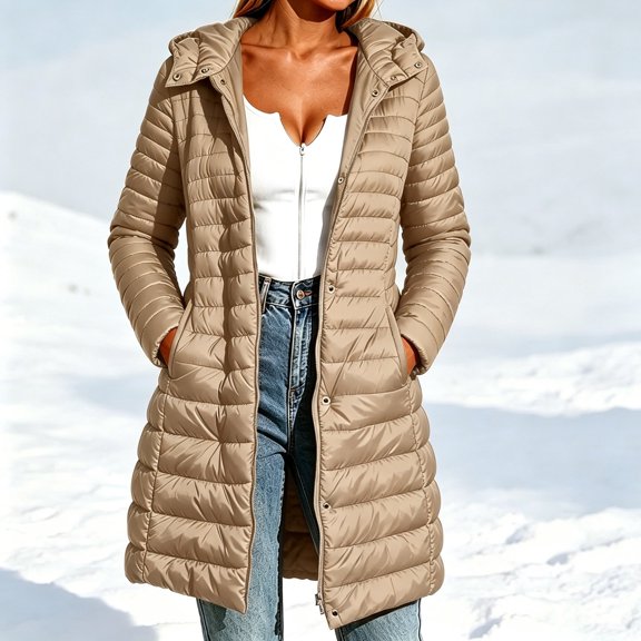 Guieoi Winter Jacket for Women Top Long-Sleeve Hooded with Pockets Zipper and Buttons Mid-Length Top Coats Khaki L