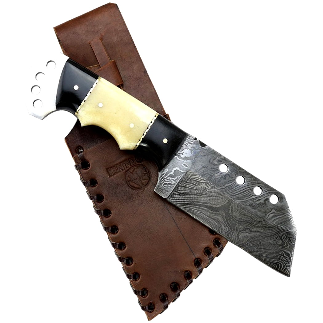 Hunt-Down 8.5' Full Tang Damascus Blade Horn Handle Hunting Knife with Sheath