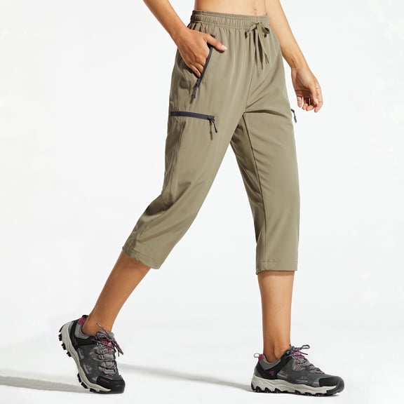 MASKERT Women's Capri Pants-Lightweight Quick Dry Cargo Hiking Capris Travel Casual Cropped Pants Zipper Pockets Khaki(Size XS-XXXL)