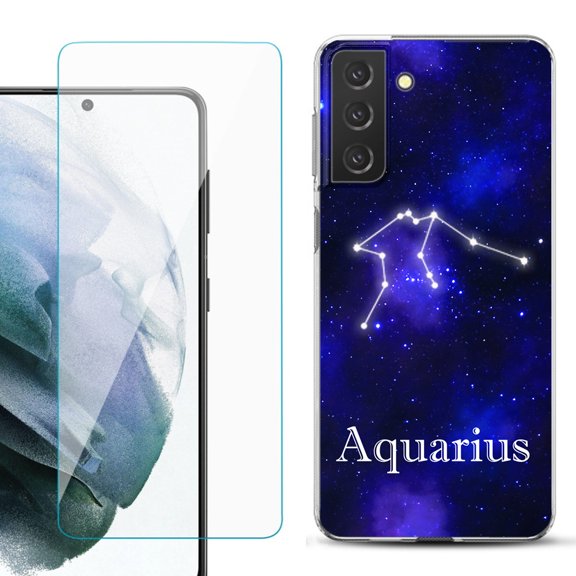 Slim-Fit TPU Fashion Phone Case for Samsung Galaxy S21 FE 5G Fan Edition, with Tempered Glass Screen Protector, by OneToughShield ® - Zodiac / Aquarius