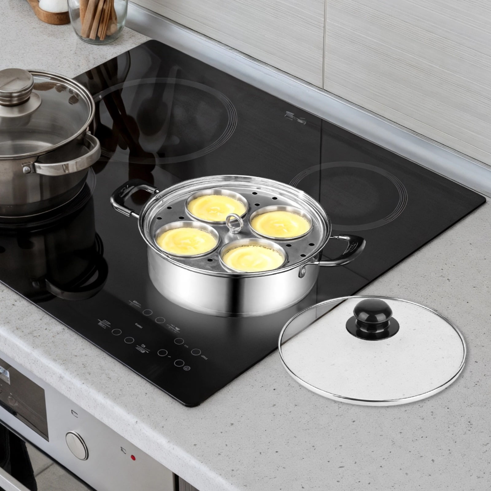 20 cm/7.87 in Stainless Steel Egg Poacher Pan, 4 Egg Poaching Cups for Easy Release, Tempered Glass Lid for Visible Cooking, Healthy Long-lasting, All Stovetops Compatible