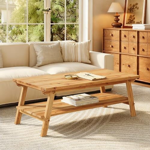Solid Wood Coffee Table with Storage, 47-Inch Farmhouse Rectangle Center Table, 2-Tier Simple Long Tea Table for Living Room, Natural$$Furniture