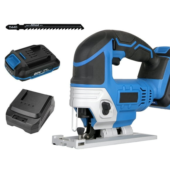 Graflsoa 20V Cordless Jigsaw with 4 Orbital Settings, 2300 SPM, T-Shank Blade, 45° Bevel Adjustment, LED Light, Parallel Guide, Wrench, Wood Blade, 4.0Ah Battery & 2A Charger - Blue (US Plug)