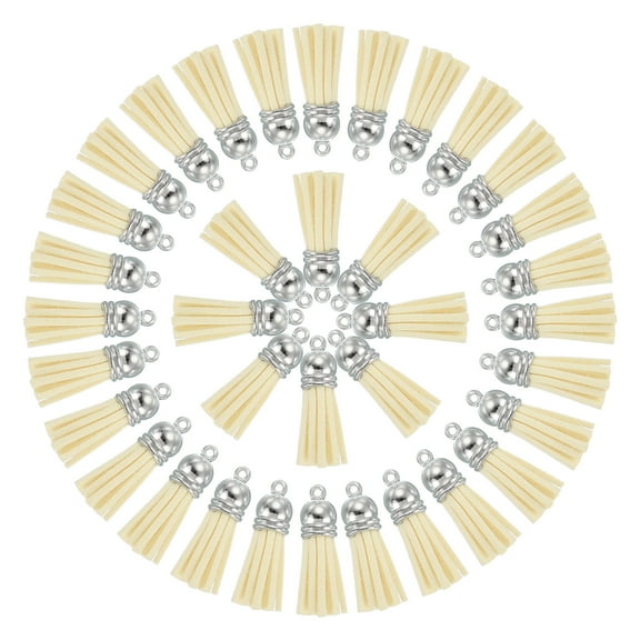 Uxcell 50 Pcs Keychain Tassels Bulk for Crafts, 1.5 Inch Leather Tassel Keychain Charm Ring, Beige