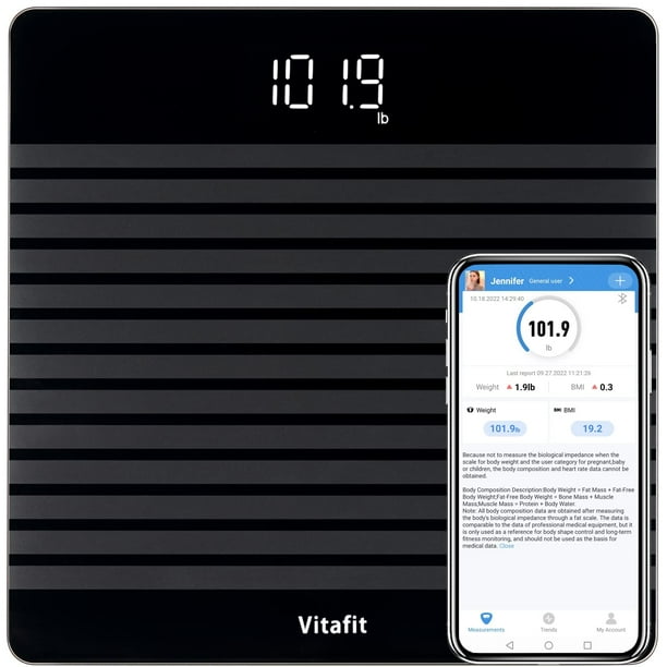Báscula de baño digital inteligente antideslizante Vitafit para medir el peso corporal. Apta para tiendas FSA y HSA. Alta precisión garantizada por profesionales del pesaje desde 2001. IMC con app. Co