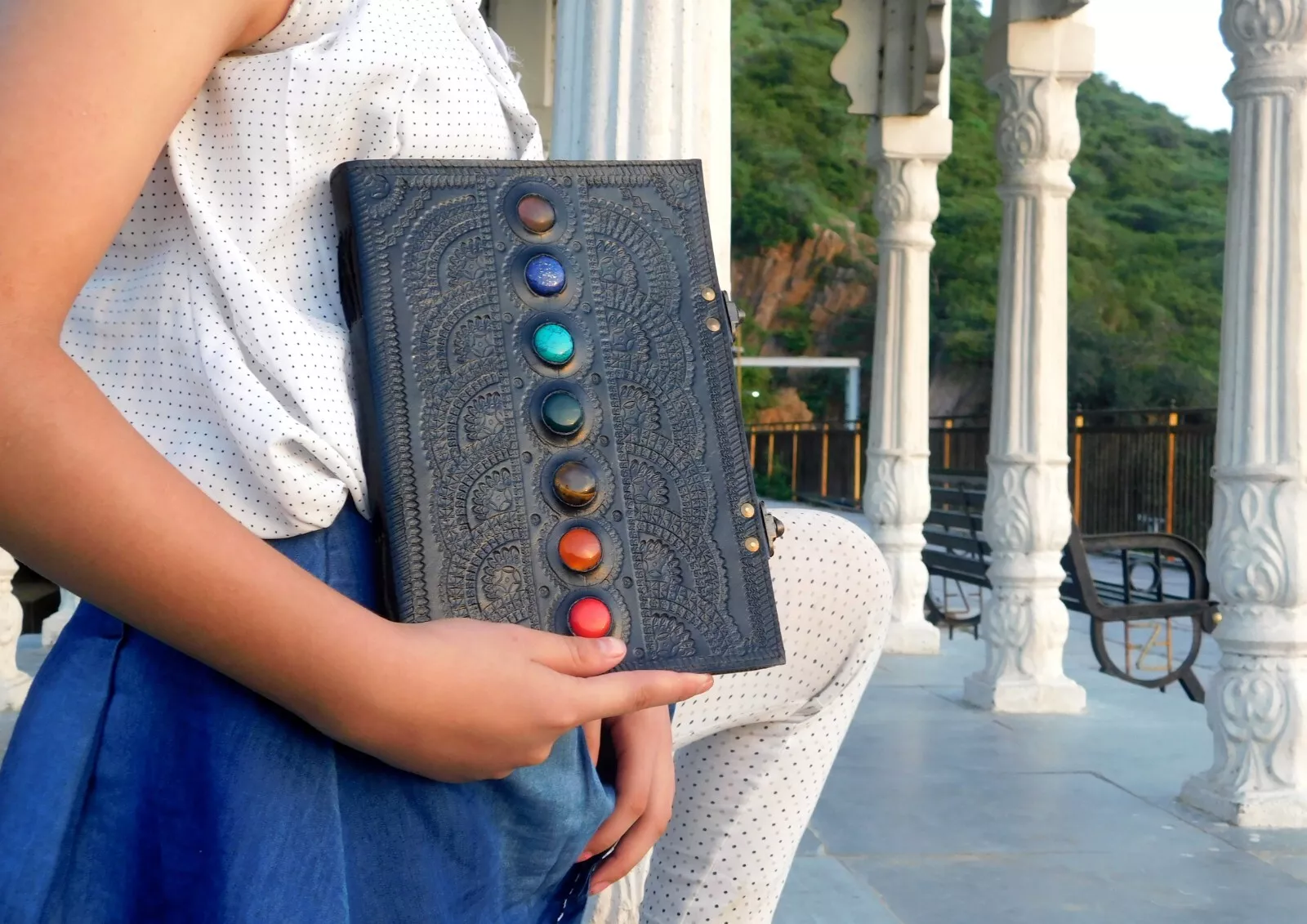 Handcrafted Embossed Vintage Design Leather Bound Journal Diary Pentagram 5 Stone Grimoire Spell Blank Notebook For Men & Women