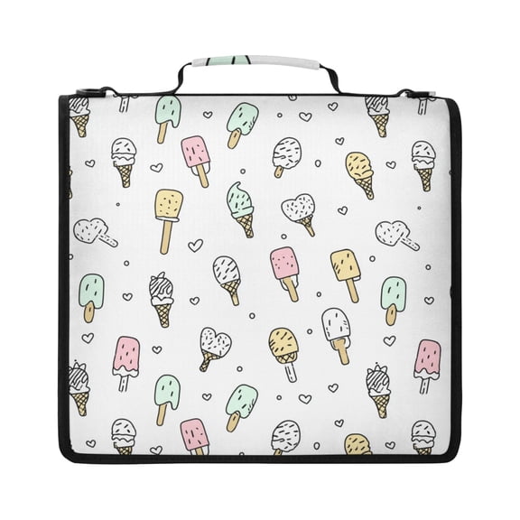 Zipper Binder with Shoulder Strap 2 inch 3 Ring Waterproof File Folder Organizer Bag 500 Sheet Pastel Ice Cream Pattern