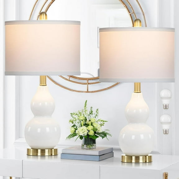 Double Gourd Ceramic Table Lamps Set of 2, Modern White Bedside Lamps for Night Stand, Contemporary Nightstand Lamps for Bedroom Living Room (Bulb Included)
