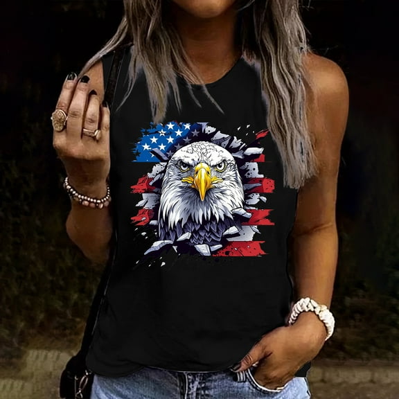Delliss Women's Independence Day Print Baggy Crew Neck Casual Sleeveless Basic Top