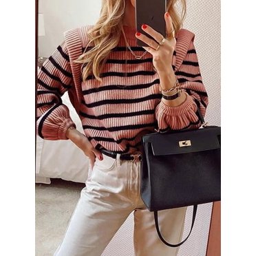 PRETTYGARDEN Women's Fall Sweaters - Ribbed Striped Knit Pullover With Lantern Sleeves