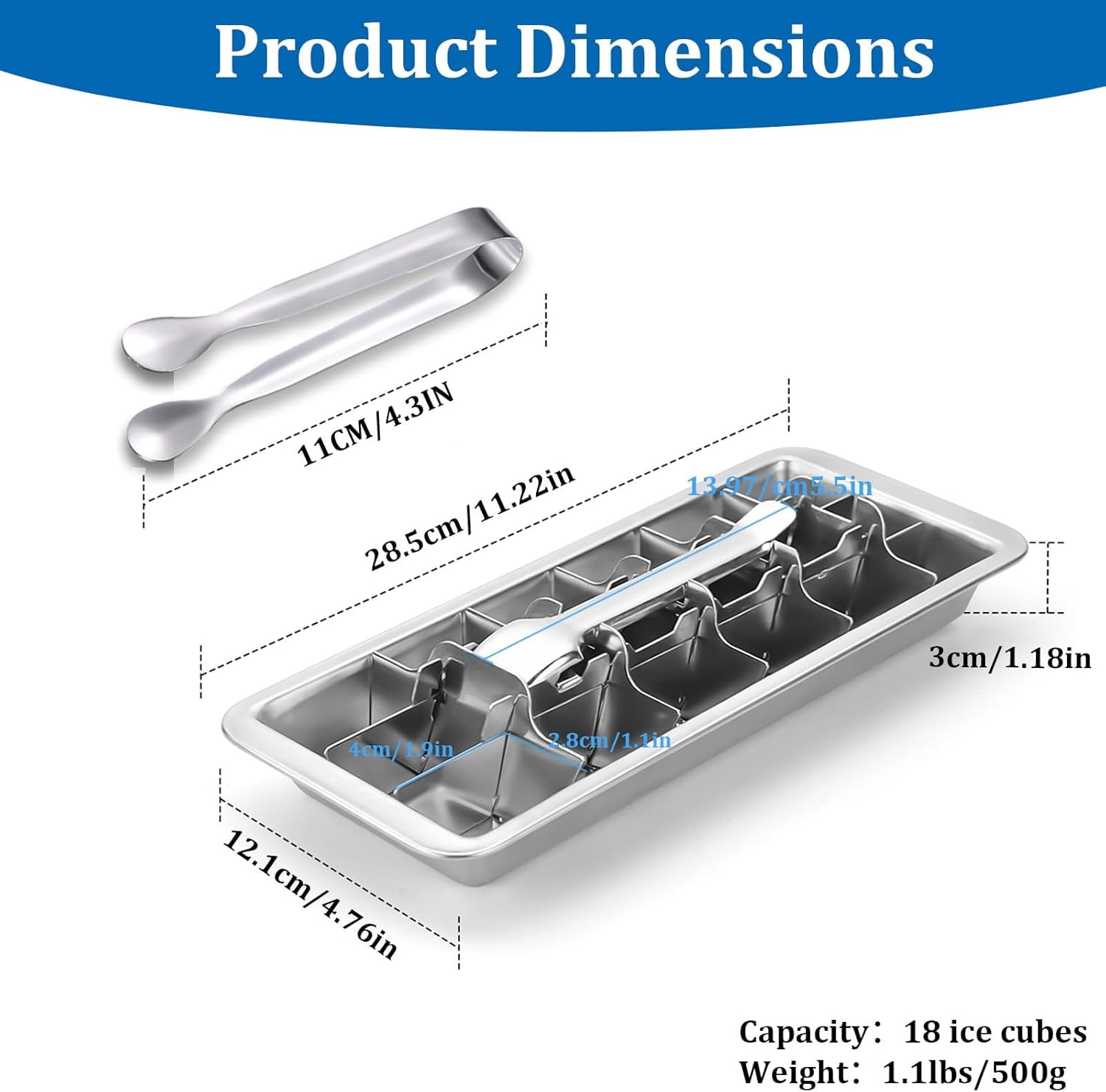 Stainless Steel Ice Cube Tray, Metal Icecube Tray with Lever and Tweezer for Freezer, Ice Making Tray with Removable Divided Trays, Retro Metalice Handle Made Icecubetray for Kitchen