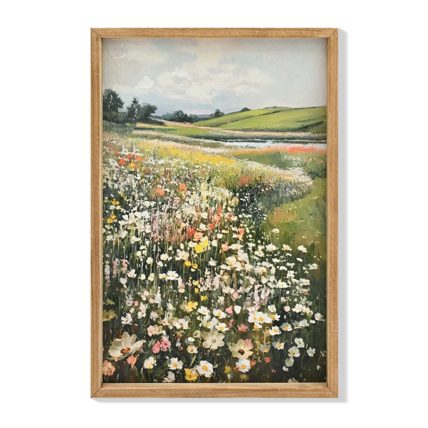 MOONMISS 16x24in Wildflower Meadow Painting Framed Canvas Wall Art Vintage Rustic Landscape for Living Room Bedroom Decor Green Yellow Brown
