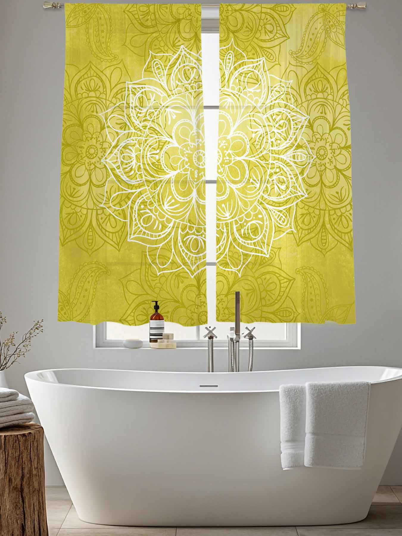 Yellow Boho Flowers Sheer Curtains for Living Room Bedroom, Vintage Abstract Watercolor Yellow Bohemia Floral Light Filtering Sheer Curtains, Rod Pocket Voile Window Drapes, 2 Panels Set 52"x 63"