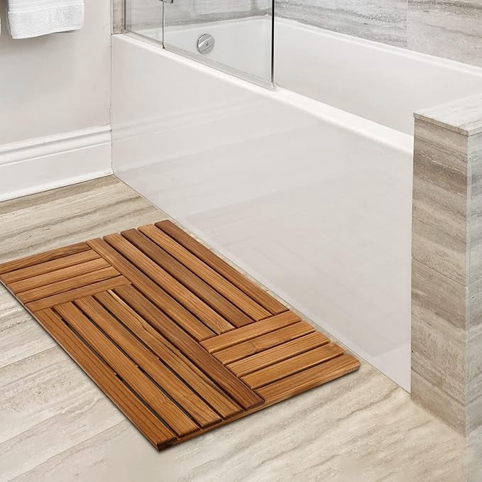 Utoplike Teak Wood Bath Mat, 32 x 20 inch Large Wooden Shower Mat for Bathroom, Non Slip Wood Floor Sturdy Mat for Inside Shower Luxury Spa Home or Outdoor