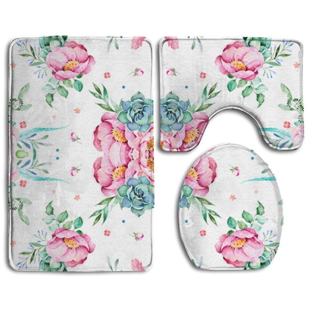 PUDMAD Pink Floral 3 Piece Bathroom Rugs Set Bath Rug Contour Mat and