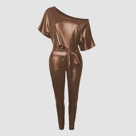 Idoravan Women s Plus Size Tops Clearance Womens Rompers Fashionable Faux Leather Strap Off Shoulder Sexy Bodysuit Lady s Jumpsuits
