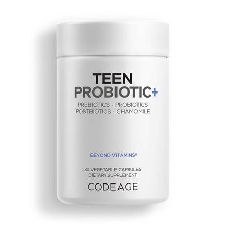 Codeage Teen Probiotic+ 25B CFU, Prebiotics, Postbiotics, Chamomile, Gut & Digestion Support, 30 ct