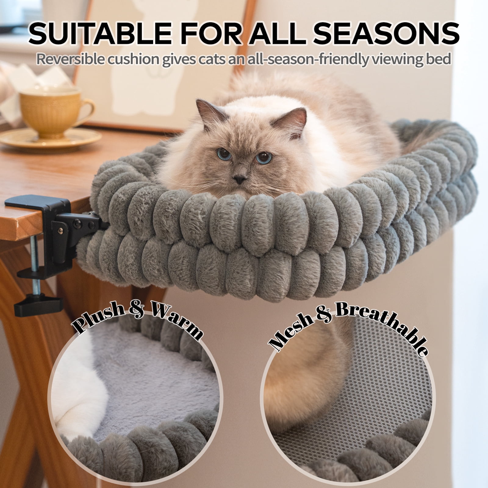 CheerPals Cat Desk Bed, 21*15in Double-Layer Foldable Cats Hammock, Plush&Grids Design for All Reason(Medium,Grey)