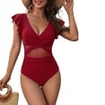 thumbnail image 2 of Tummy Control Swimsuits for Women One Piece Swimsuit Push Up Bathing Suits Ruffle Full Coverage Slimming Swimwear Wine XL(XL), 2 of 5
