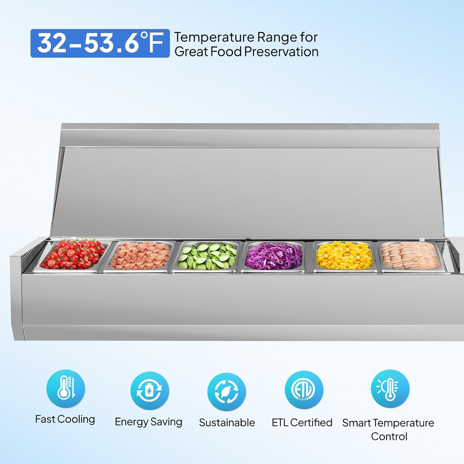 ROVSUN 59" Refrigerated Condiment Prep Station Sandwich Prep Table, 34.2QT Salad Bar Prep Table w/Auto Defrost Temperature Control Stainless Steel Cover 6 * 1/3 Pans for Restaurant Food Truck
