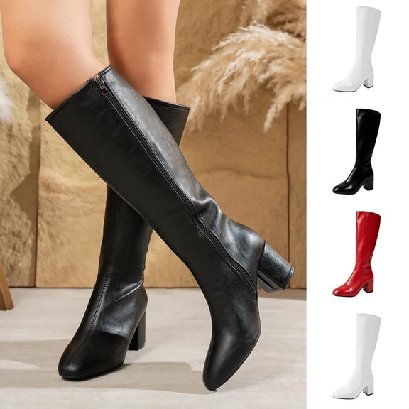 Women's Gogo Boots Knee High Chunky Block Heel Round Toe 60s 70s Disco Costume Boots Long Dressy Boots for Women Size 36-42 Black