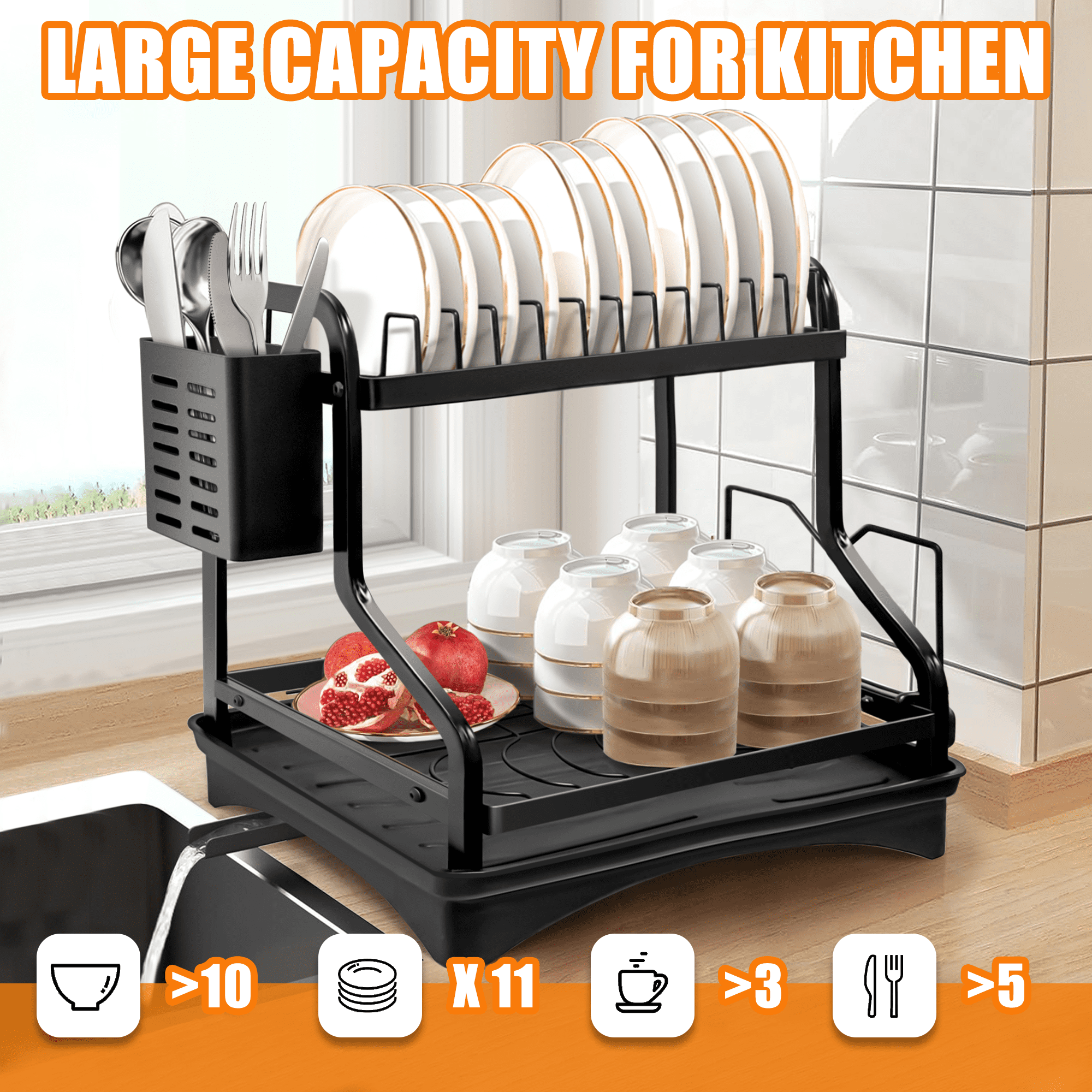 Riousery 2-Tier Dish Rack for Kitchen, Dish Drying Rack with Drain Board Tray, Compact Dishing Rack with Utensil Holder, Cutting Board Holder, Kitchen