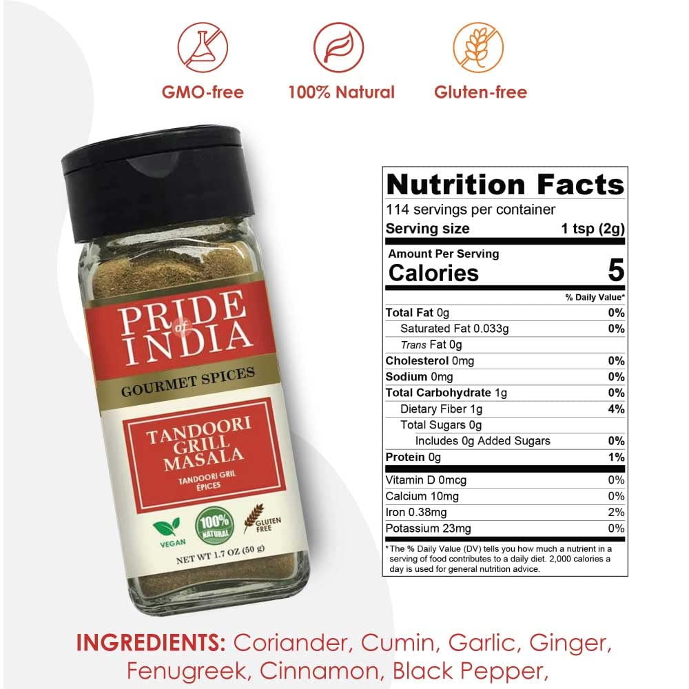 Pride of India - PACK of 6 - Tandoori Grill Masala – Blend of Exotic & Gourmet Spices – Ideal for Vegetable, Meat & Chicken Cooking – GMO Free – Easy to Use - 1.7 oz. Small Dual Sifter Bottle
