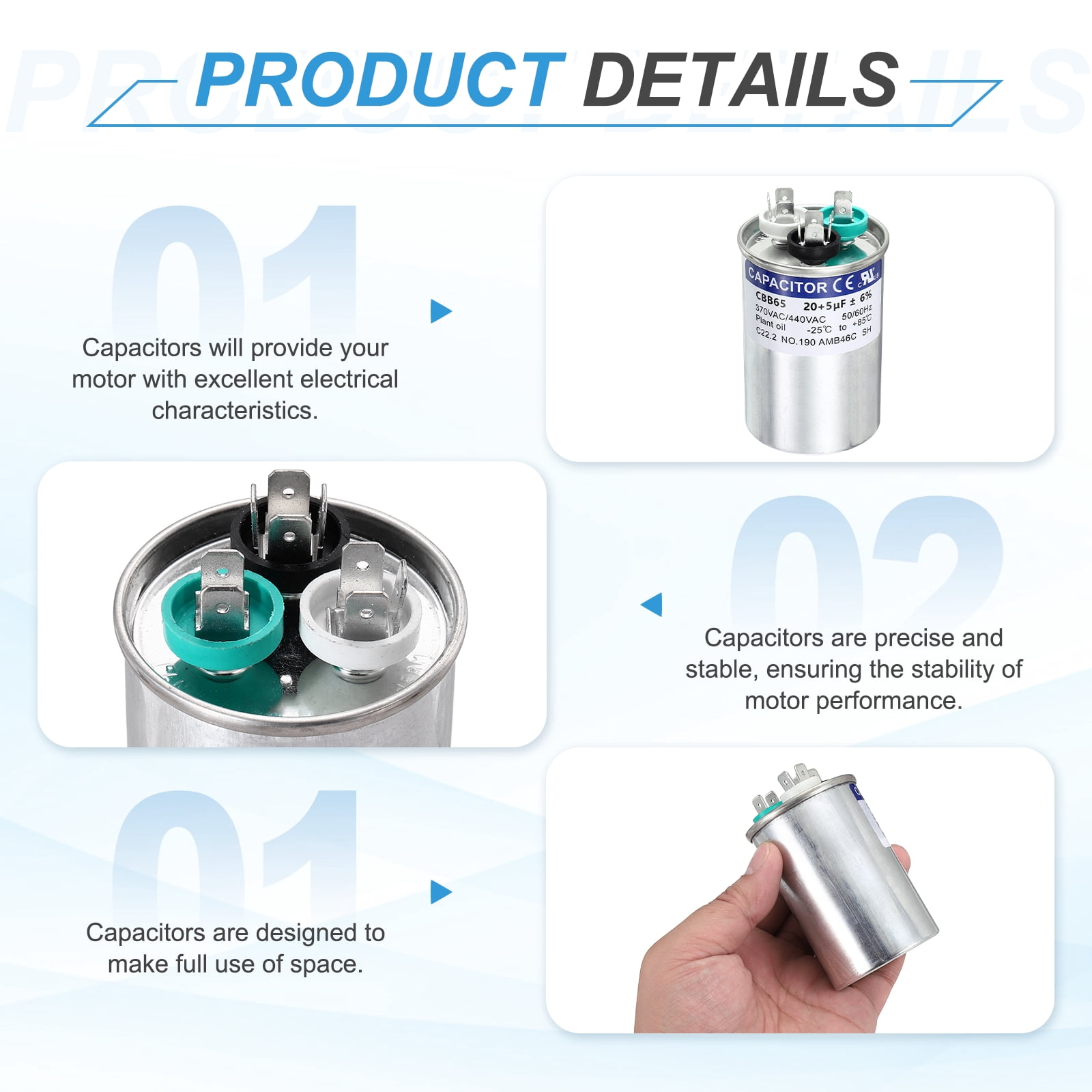 Uxcell 2Pcs 20+5 MFD CBB65 Run Start Capacitor 20+5 uF, 370/440V Round AC Capacitor for AC Motor Run, HVAC, Air Conditioner, Condenser Motors