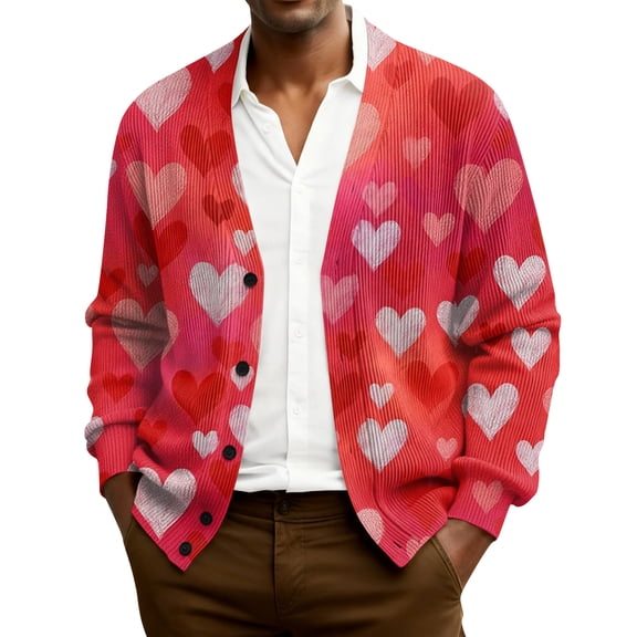 QHRMKOG Cardigan for Men Cute Valentine's Day Heart Cardigan Sweater Graphic Loose Fit Long Sleeve V Neck Button Up Cardigans Trendy Ribbed Knit Sweater Pink 2XL