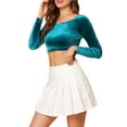 thumbnail image 4 of INSPIRE CHIC Women's Velvet Long Sleeve Off Shoulder Solid Crop Tops XS Peacock Blue, 4 of 8