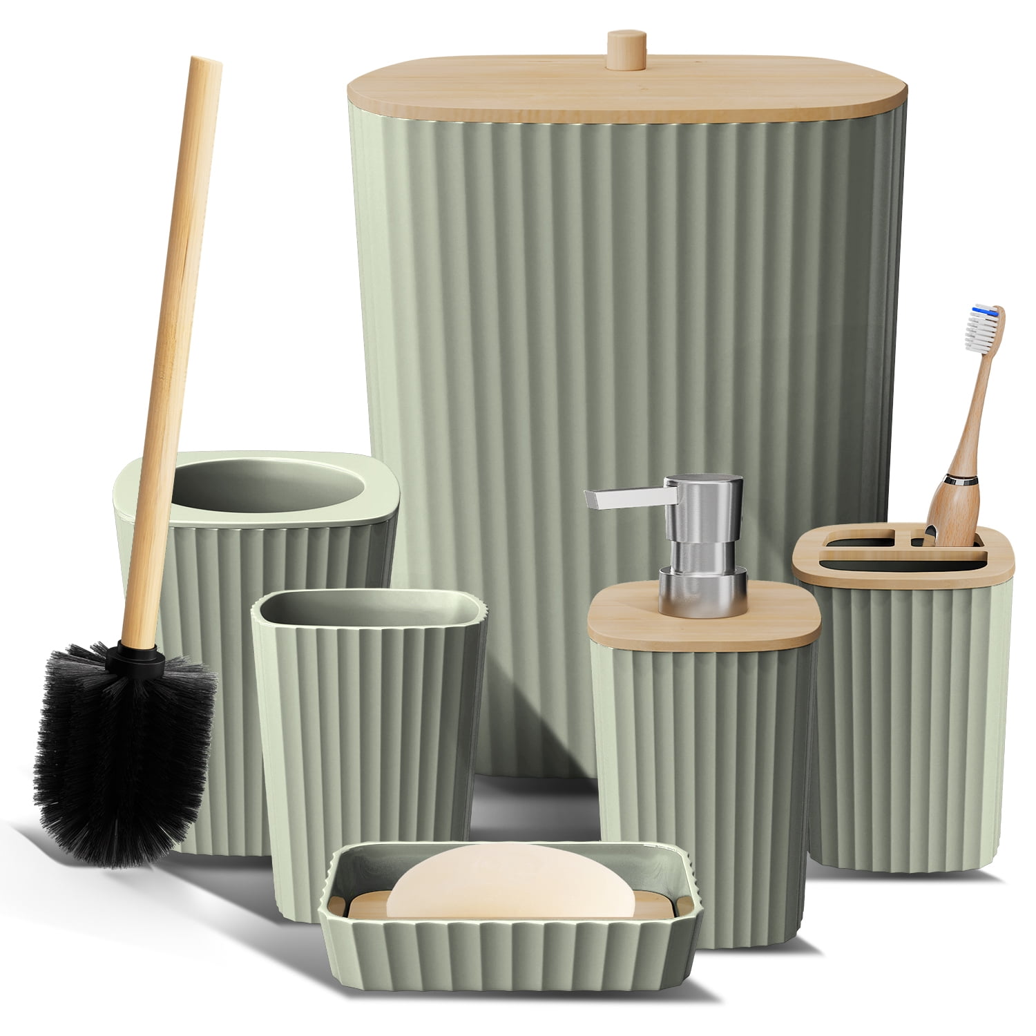 Virtu 6 Piece Bamboo Bathroom Sets, Sage Green Bathroom Accessories Set for Minimalistic Bathroom Décor
