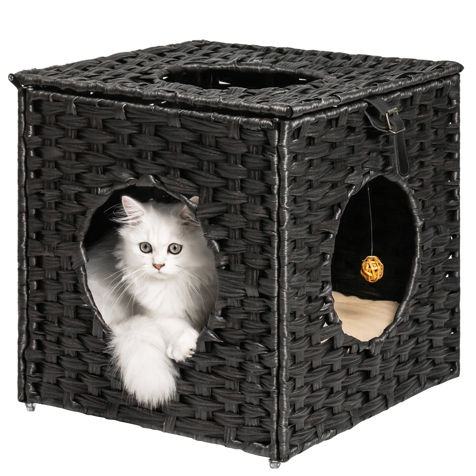 Canddidliike Rattan Cube Cat Bed with Rattan Ball and Mats in Black Canddidliike Rattan Cube Cat Bed with Rattan Ball and Mats in Black