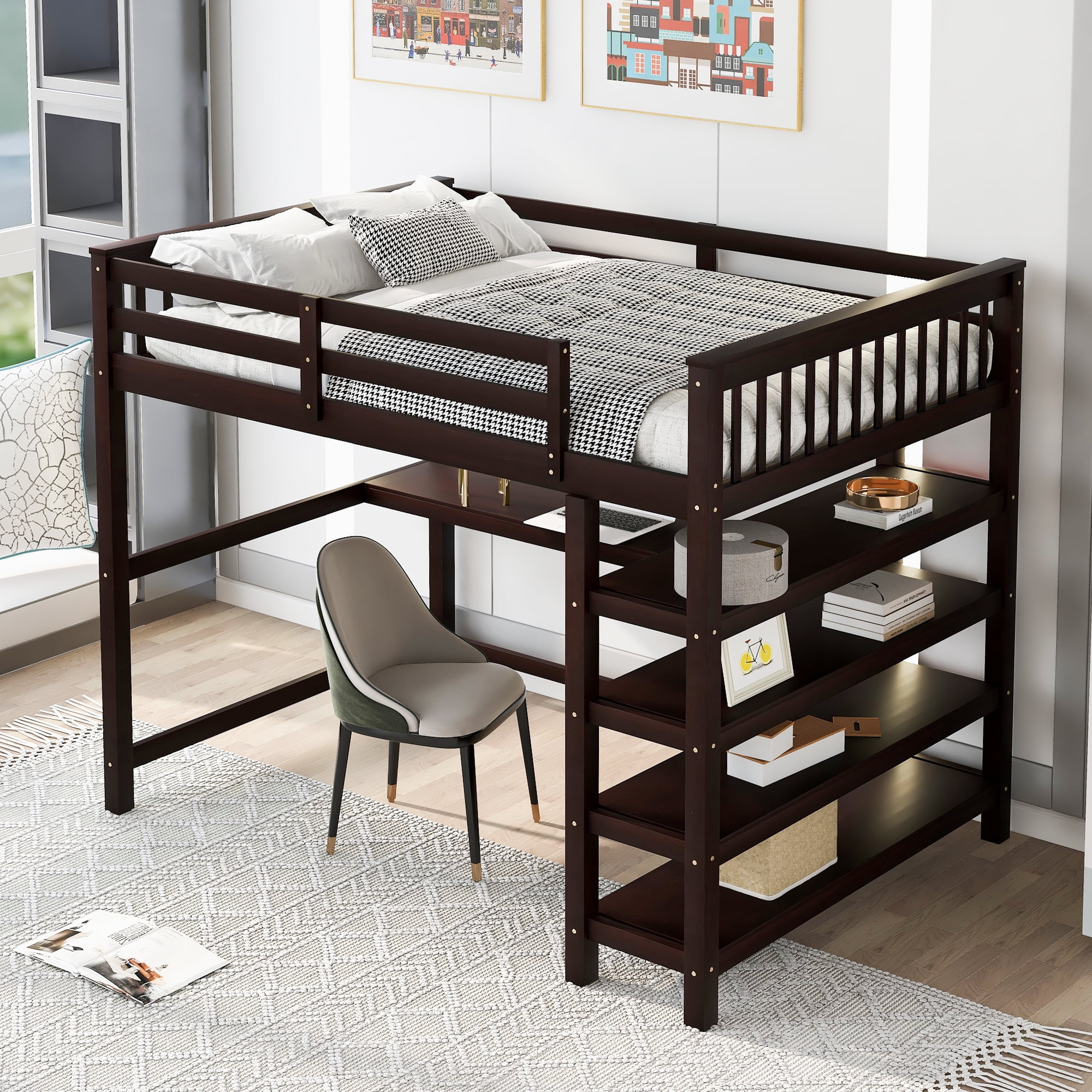 Wooden Loft Bed Full, Full Size Bunk Bed with Desk, 4-Tier Shelves ...