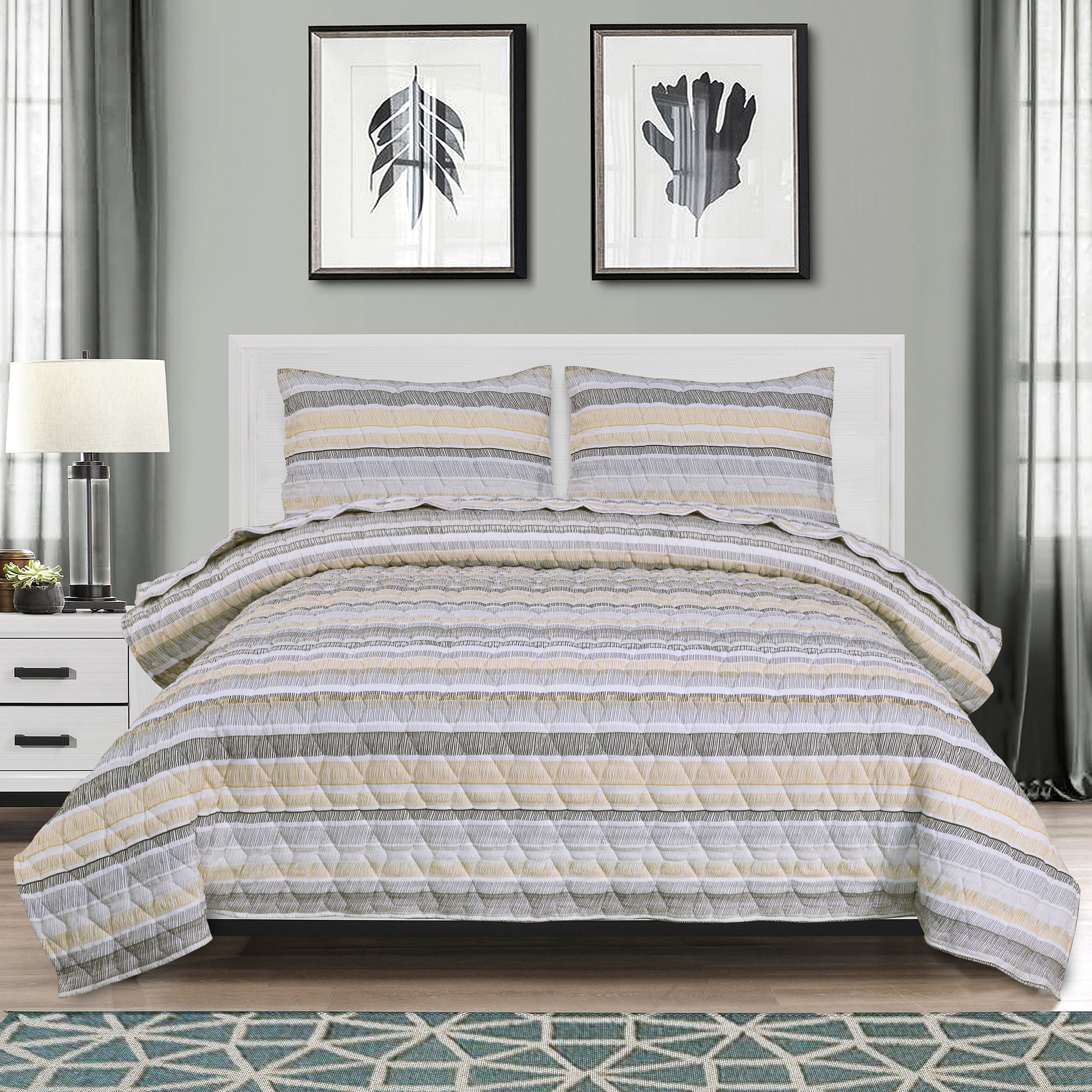 EnvioHome Reversible Cotton Rich Seersucker Striped Quilt Set