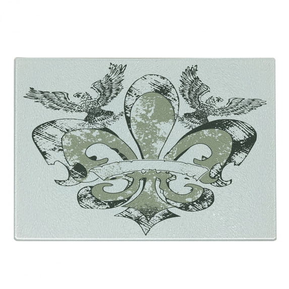 Fleur De Lis Cutting Board, Eagles on Fleur De Lis Emblem Power Victorian Creative Illustration, Decorative Tempered Glass Cutting and Serving Board, Small Size, Tan White, by Ambesonne