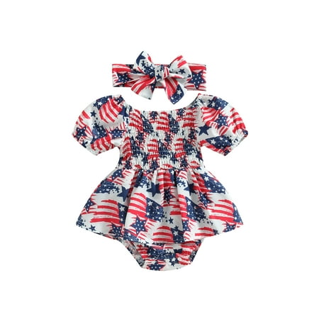 

4th of July Infant Baby Girl Romper Dress USA Flag Print Short Sleeve Jumpsuits Headband Set Independence Day Bodysuit