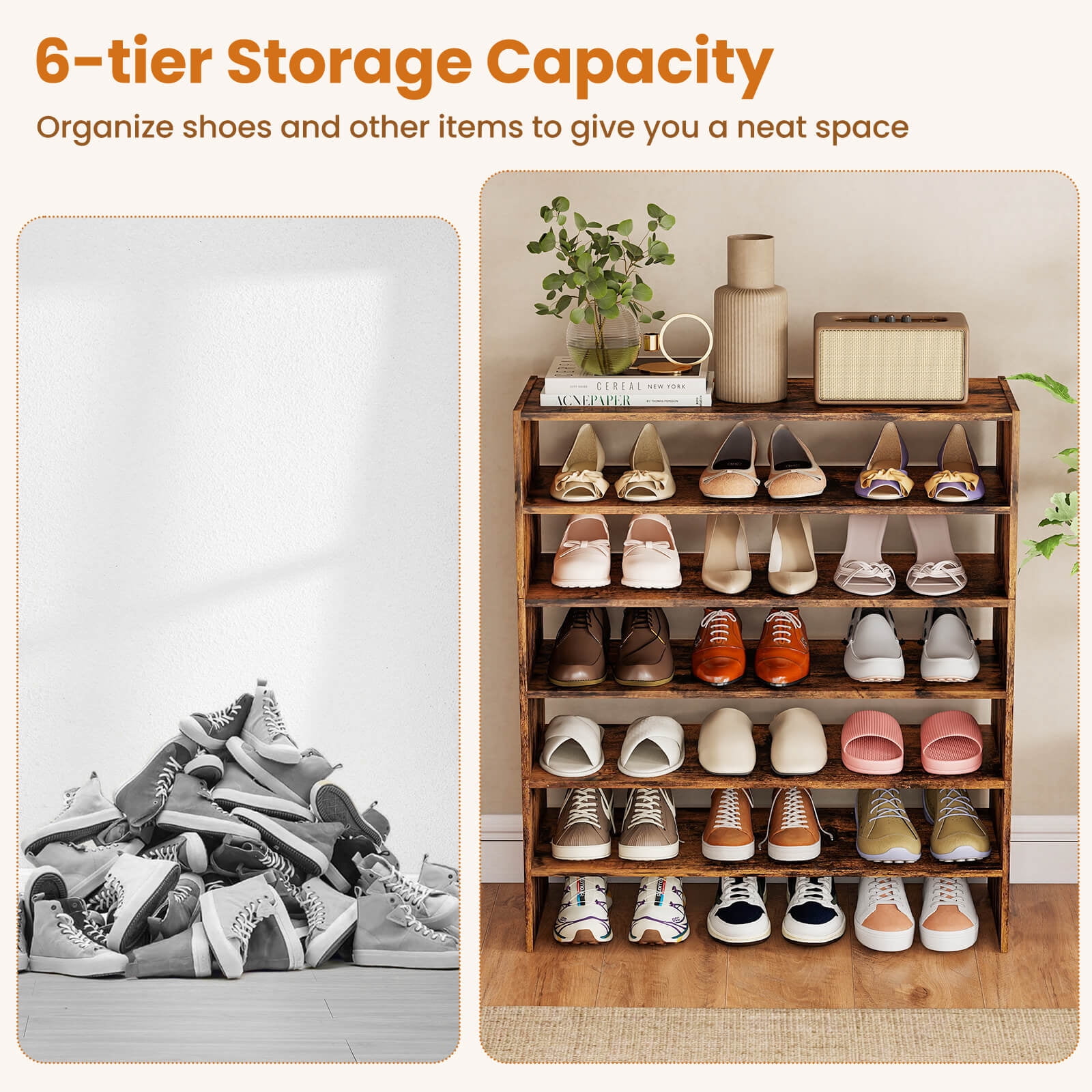 Costway 3 PCS Stackable Shoe Rack 31-Inch Horizontal Organizer 2-tier StorageShelf Brown