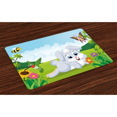 Kids Placemats Set Of 4 Rabbit On The Grass With Bee And Butterfly