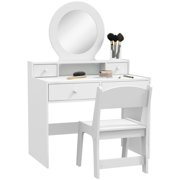 Qaba Kids Vanity Set, Children Dressing Table w/ Mirror and Stool, White