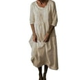 thumbnail image 1 of Yuyuzo Robe Longue Mignonne pour Femmes à Manches 3/4, Col Ras du Cou, Froncée, à Volants, Coupe Ample, Midi, avec Poches, Couleur Unie, 1 of 6