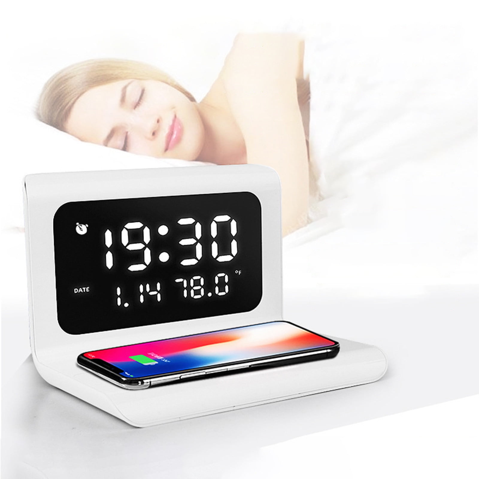 cpengpj Alarm Clock with Wireless Charging, 6 Inch Dimmable LED Display, Digital Calendar, Temperature and Date Display, USB Charging Port for Smartphones and Devices
