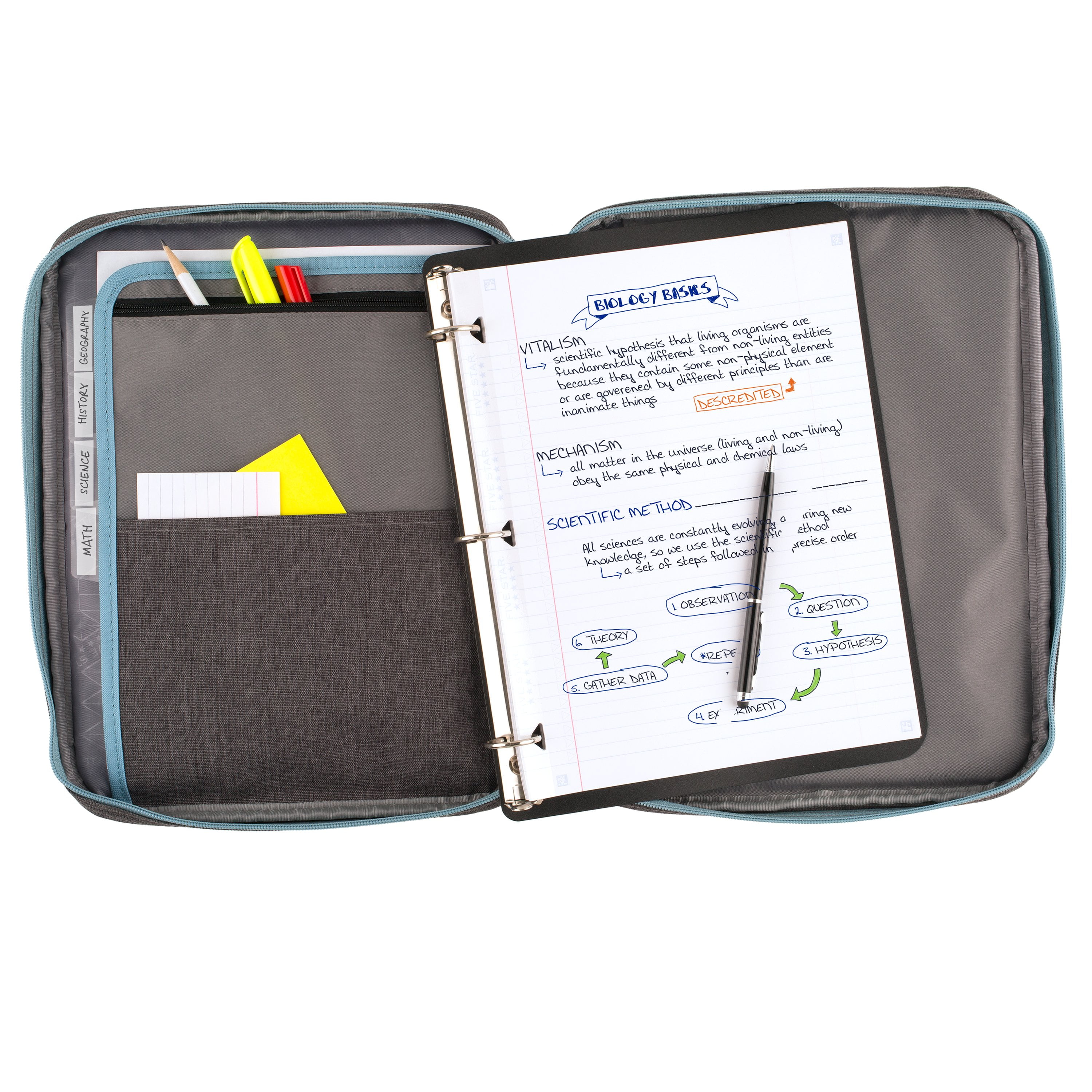 Five Star Zipper Binder, 1 Inch 3-Ring Binder, Carry-All with Internal Pockets and Dividers, Gray/Teal