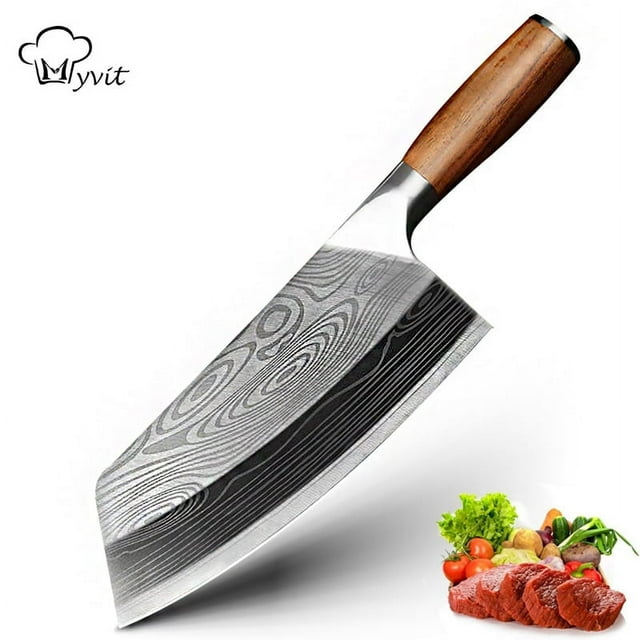 Meat Cleaver Knife Heavy Duty for Kitchen 8inch Sharp Chinese Chopping Knife German Carbon Steel Butcher Knives Damascus Laser with Wood Handle