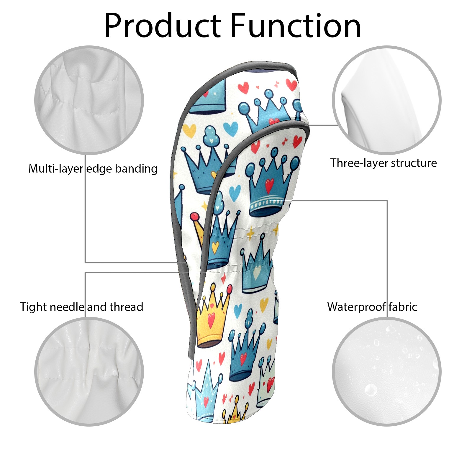Golf Club Covers, LightBlue Crown Heart Premium PU Leather Driver Hybrid Putter Head Covers with Velvet Lining, Waterproof Golf Gifts for Men Women