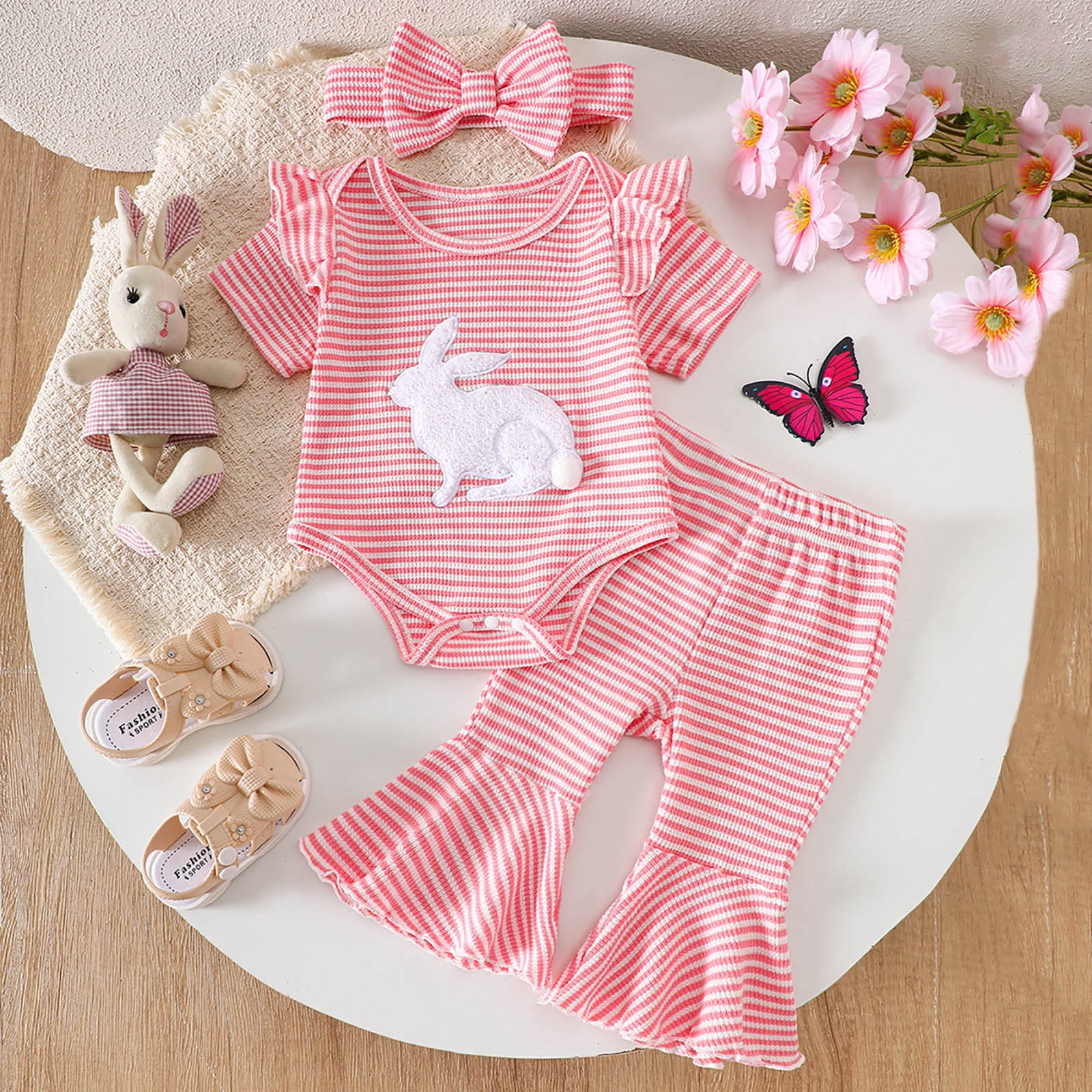 Faraee Summer Baby Girl Clothes Ruffle Short Sleeve Tops Romper Bell Bottom Flare Pants Set Infant Newborn Stripeds Cute Outfit 0 3 6 12 18 24 Months Pink