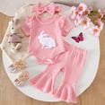 thumbnail image 2 of CAICJ98 Baby Girl Easter Outfit Newborn Infant Short Sleeve Bunny Embroidery Romper Flared Pants Set Headband Cute Clothes (Pink,6-12 Months), 2 of 5