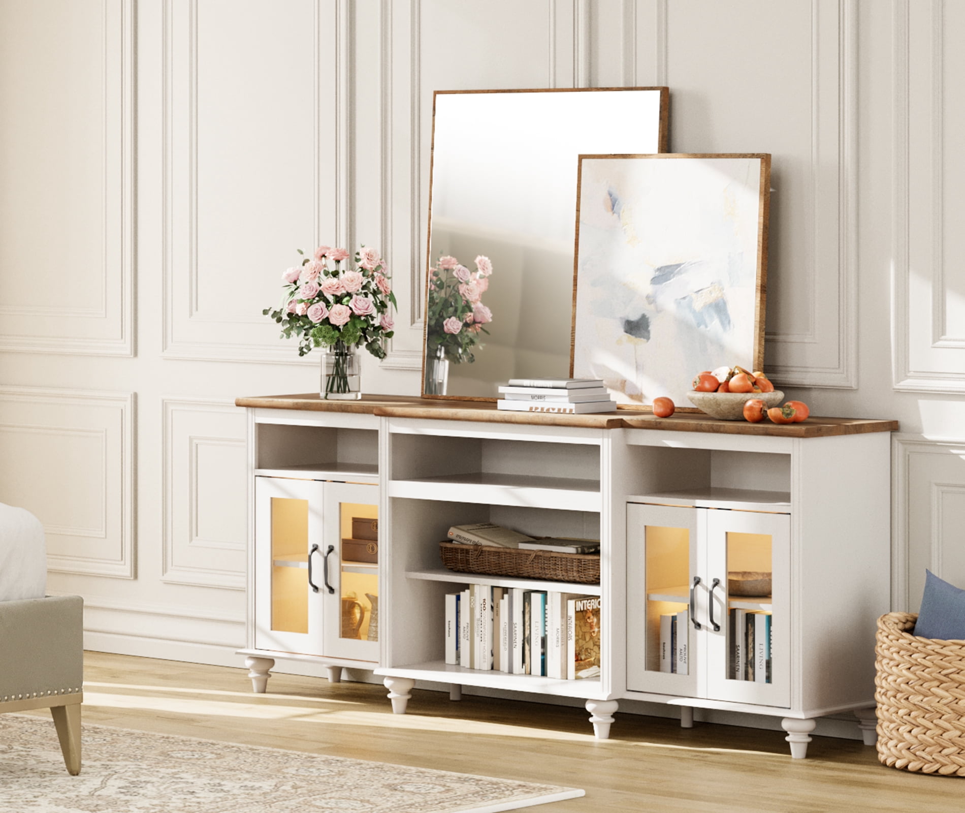 Antique White Farmhouse TV Stand with 4 Glass Doors for TVs up to 75", Highboy Entertainment Center with 9 Storage Compartments, 70" Wooden TV Console for Living Room or Bedroom