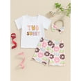 thumbnail image 2 of Bagilaanoe 3pcs Toddler Baby Girl Birthday Outfits Shorts Set Short Sleeve Letter Print T Shirt Tops + Shorts + Hairband 18M 24M 3T Kids Casual Summer Clothes, 2 of 8